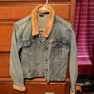 Vintage Y2K Denim Wild Secret Jeans Jacket with Tan Faux Fur Collar